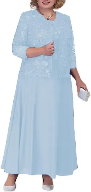 2 Piece Mother of The Bride Dresses for Wedding with Jacket Long Chiffon Lace Appliques Formal Evening Dresses