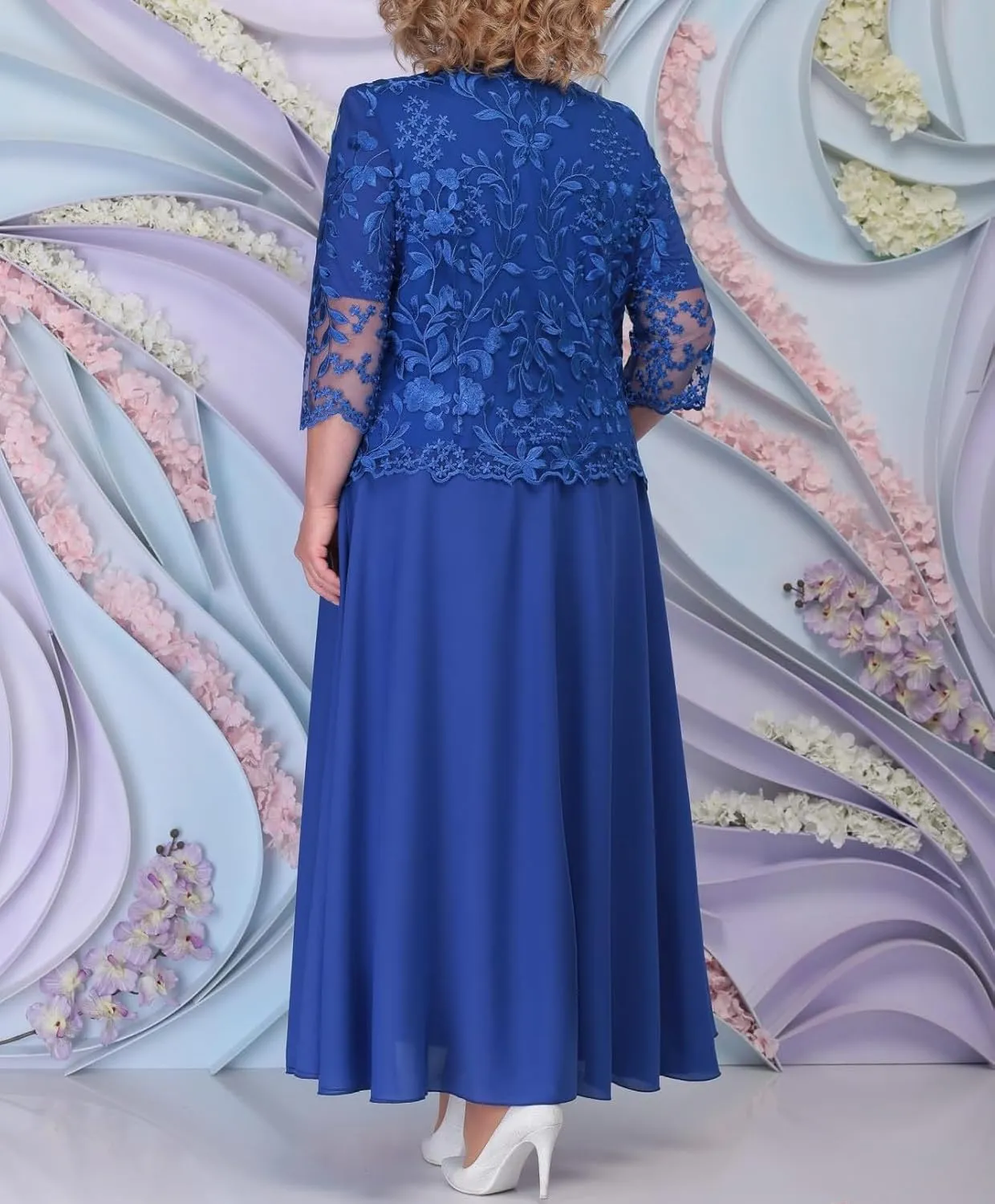 2 Piece Mother of The Bride Dresses for Wedding with Jacket Long Chiffon Lace Appliques Formal Evening Dresses