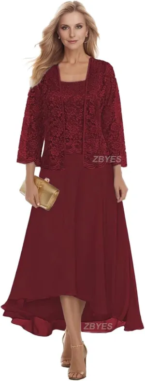 2 Pieces Mother of The Bride Dresses for Wedding 2025 Lace Chiffon Wedding Guest Dress with Jacket Long Sleeve