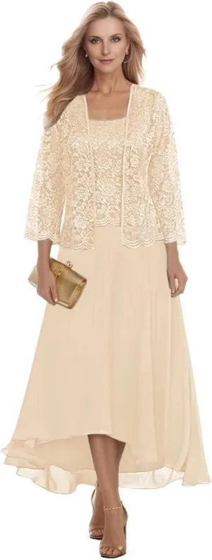 2 Pieces Mother of The Bride Dresses for Wedding 2025 Lace Chiffon Wedding Guest Dress with Jacket Long Sleeve