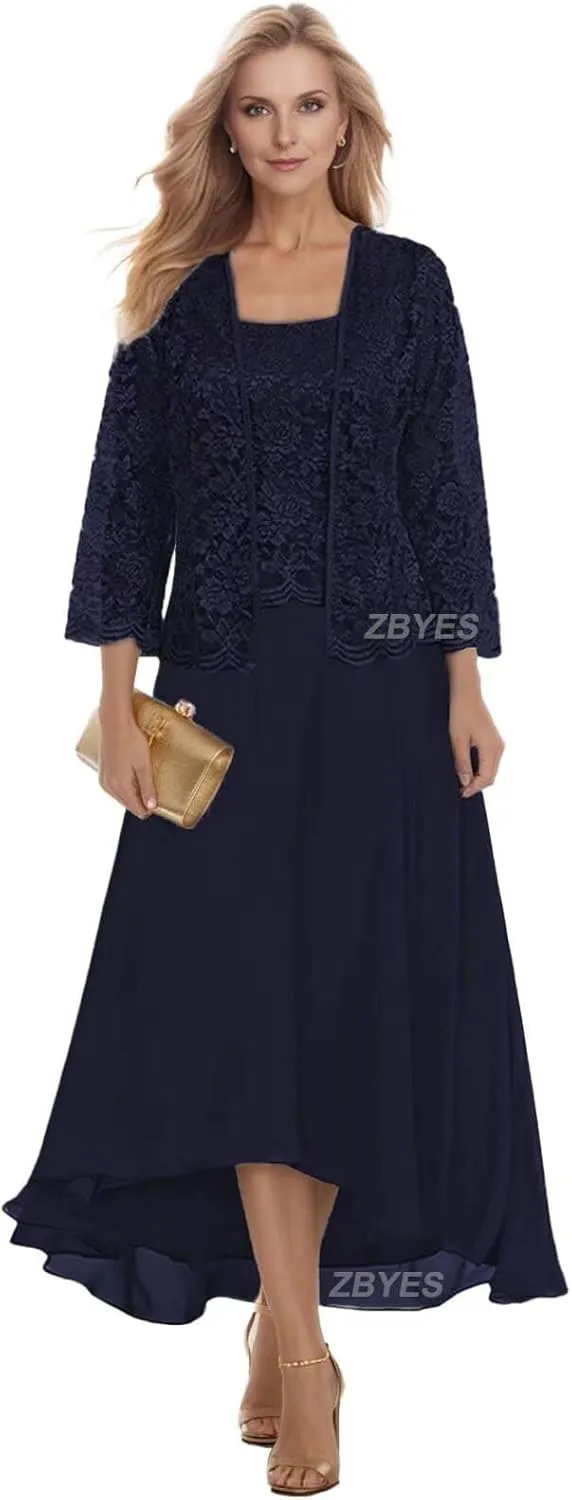 2 Pieces Mother of The Bride Dresses for Wedding 2025 Lace Chiffon Wedding Guest Dress with Jacket Long Sleeve