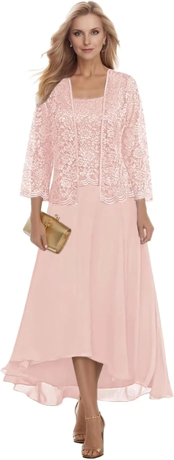 2 Pieces Mother of The Bride Dresses for Wedding 2025 Lace Chiffon Wedding Guest Dress with Jacket Long Sleeve