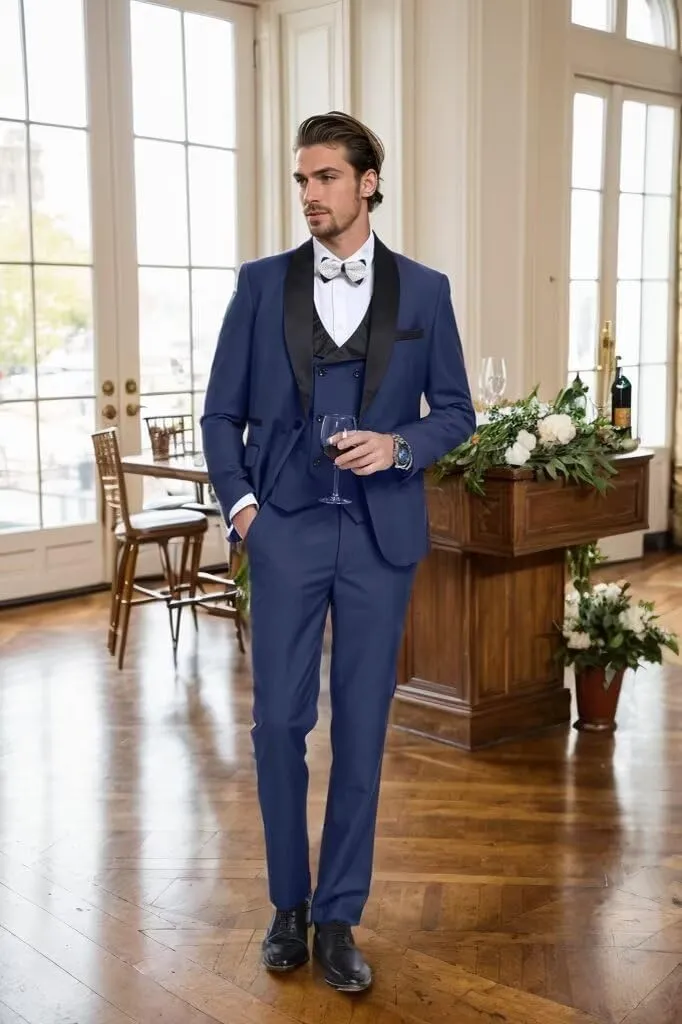 3 Piece Mens Tuxedo Suit Set Slim Fit Men Wedding Prom Party Suits Blazer Pants Shawl Collar Dinner Double Breasted Suit Set