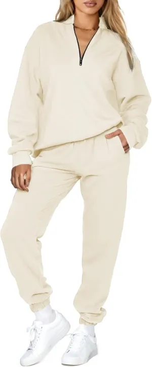 Aleumdr Women 2 Piece Outfits Sweatsuit Oversized Half Zip Pullover Long Sleeve Sweatshirt Jogger Pants Set with Pockets