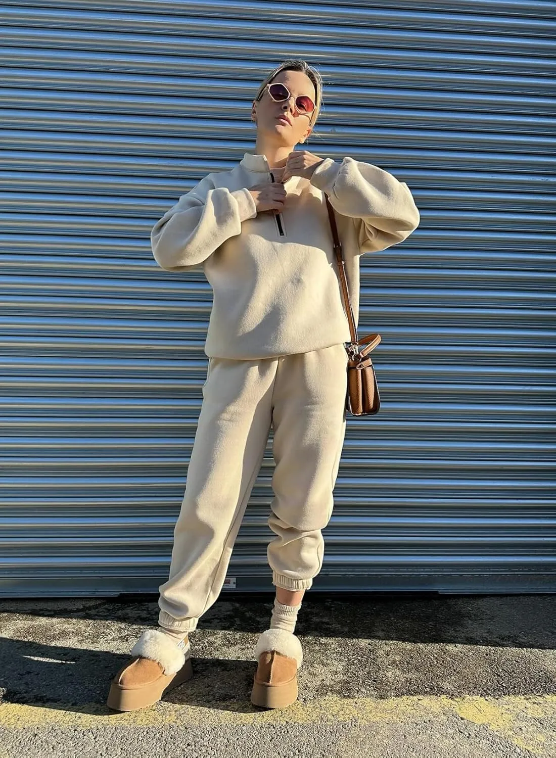 Aleumdr Women 2 Piece Outfits Sweatsuit Oversized Half Zip Pullover Long Sleeve Sweatshirt Jogger Pants Set with Pockets