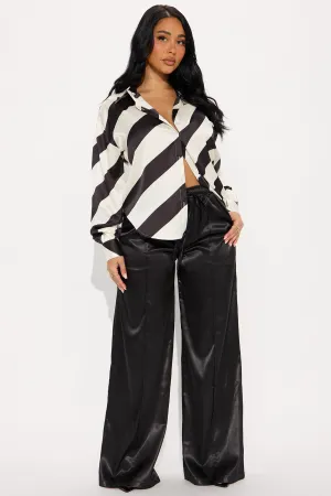 Amari Striped Satin Button Up Shirt - Black/White