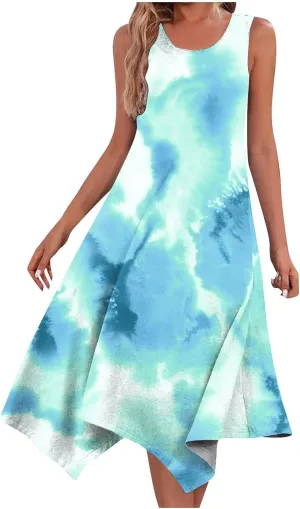 Amazon Warehouse Sale Clearance Women's Hankerchief Hem Maxi Tank Dresses Summer Sleeveless Crew Neck Sundress Casual Ruffle A-Line Boho Dress Spring Dress Blue 2X