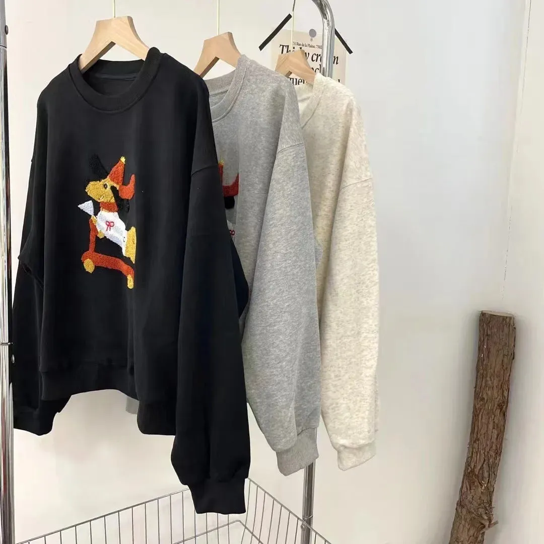 Amozae-Autumn Casual Outfits Amozae-Women's Embroidered Skateboard Hoodie, Round Neck Top, Sausage Dog Hoodie, Loose, Long Sleeve, Autumn, 2024