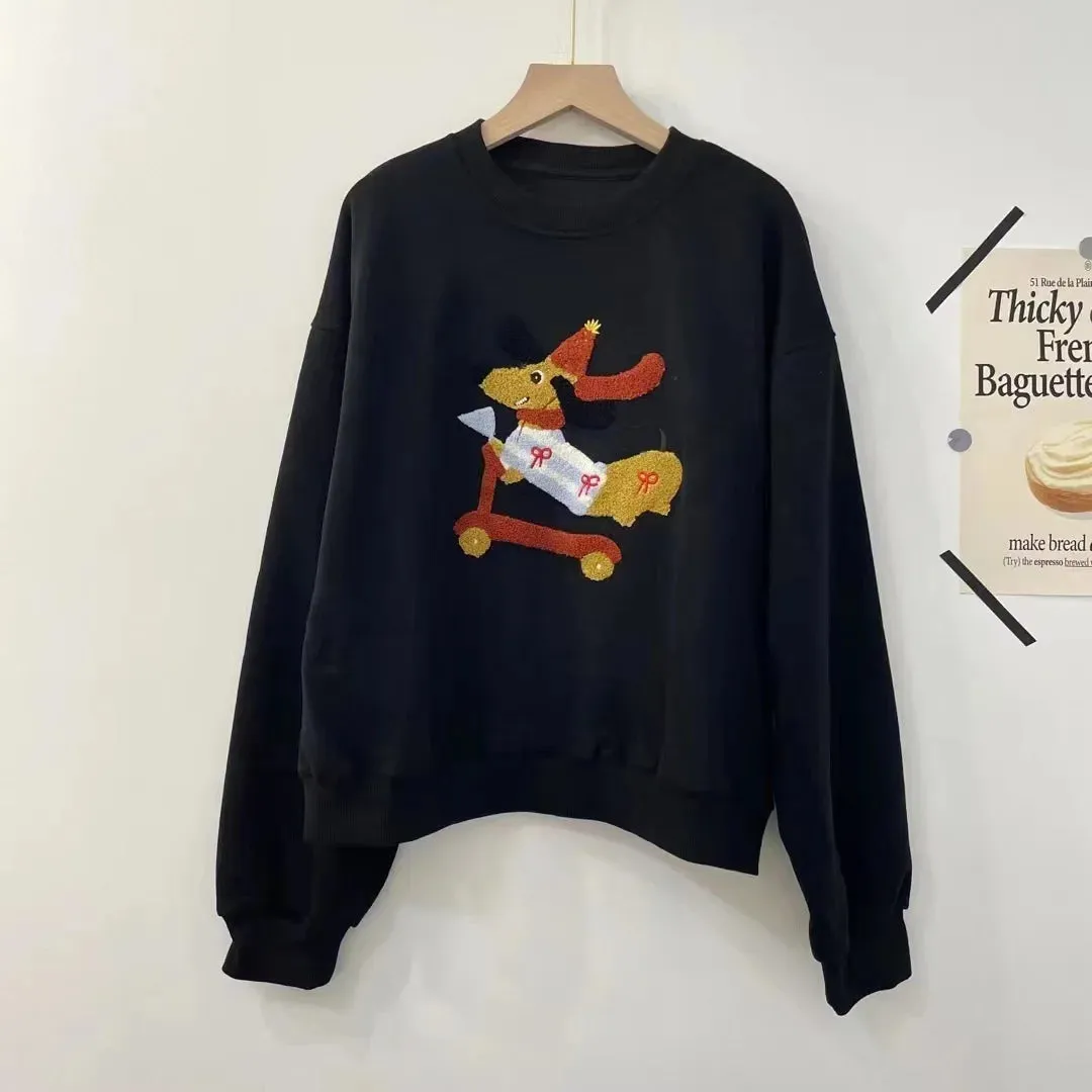Amozae-Autumn Casual Outfits Amozae-Women's Embroidered Skateboard Hoodie, Round Neck Top, Sausage Dog Hoodie, Loose, Long Sleeve, Autumn, 2024