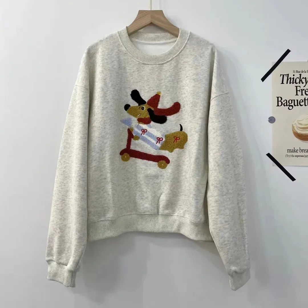 Amozae-Autumn Casual Outfits Amozae-Women's Embroidered Skateboard Hoodie, Round Neck Top, Sausage Dog Hoodie, Loose, Long Sleeve, Autumn, 2024