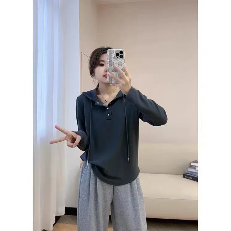 Amozae-Autumn Casual Outfits Amozae-Women's Hooded Drawstring Hoodie, Loose Top, Slimming, Solid Breasted, Long Sleeved Tops, Autumn, 2024