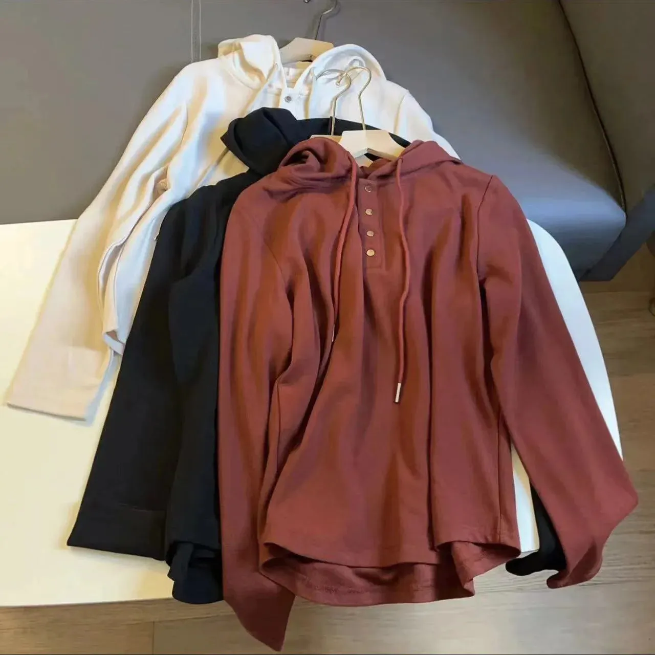 Amozae-Autumn Casual Outfits Amozae-Women's Hooded Drawstring Hoodie, Loose Top, Slimming, Solid Breasted, Long Sleeved Tops, Autumn, 2024