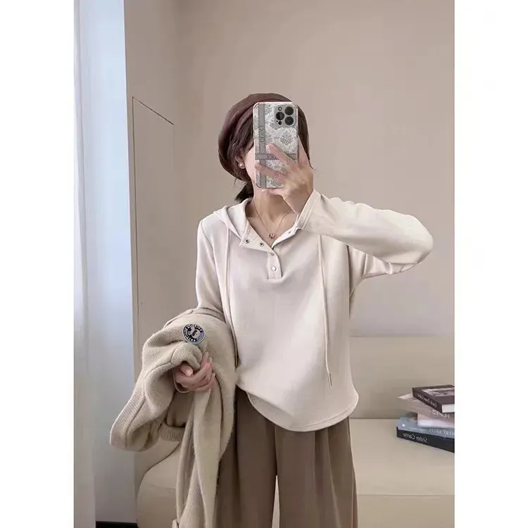 Amozae-Autumn Casual Outfits Amozae-Women's Hooded Drawstring Hoodie, Loose Top, Slimming, Solid Breasted, Long Sleeved Tops, Autumn, 2024