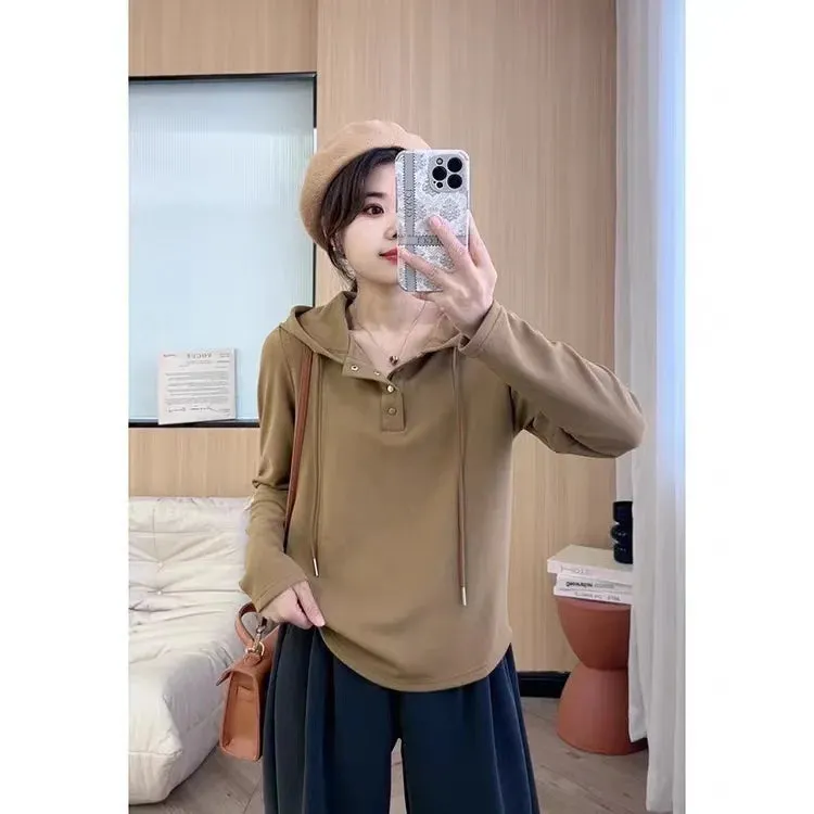 Amozae-Autumn Casual Outfits Amozae-Women's Hooded Drawstring Hoodie, Loose Top, Slimming, Solid Breasted, Long Sleeved Tops, Autumn, 2024