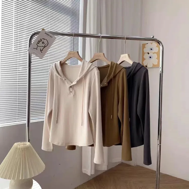 Amozae-Autumn Casual Outfits Amozae-Women's Hooded Drawstring Hoodie, Loose Top, Slimming, Solid Breasted, Long Sleeved Tops, Autumn, 2024