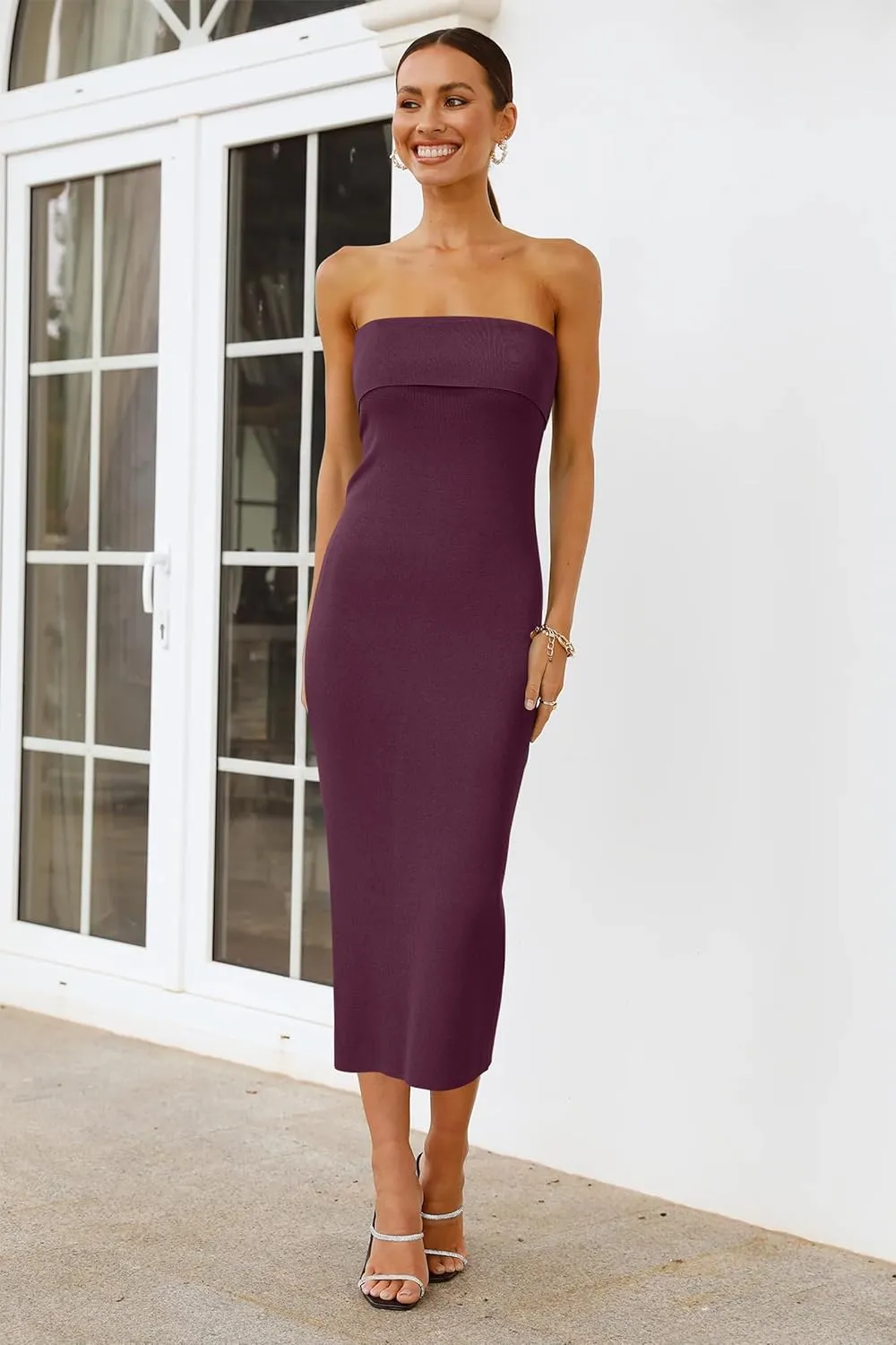 Arach&Cloz Women's Summer Mulberry Silk Blend Bodycon Strapless Back Slit Midi Dress Elegant Wedding Guest Party Dresses 2025