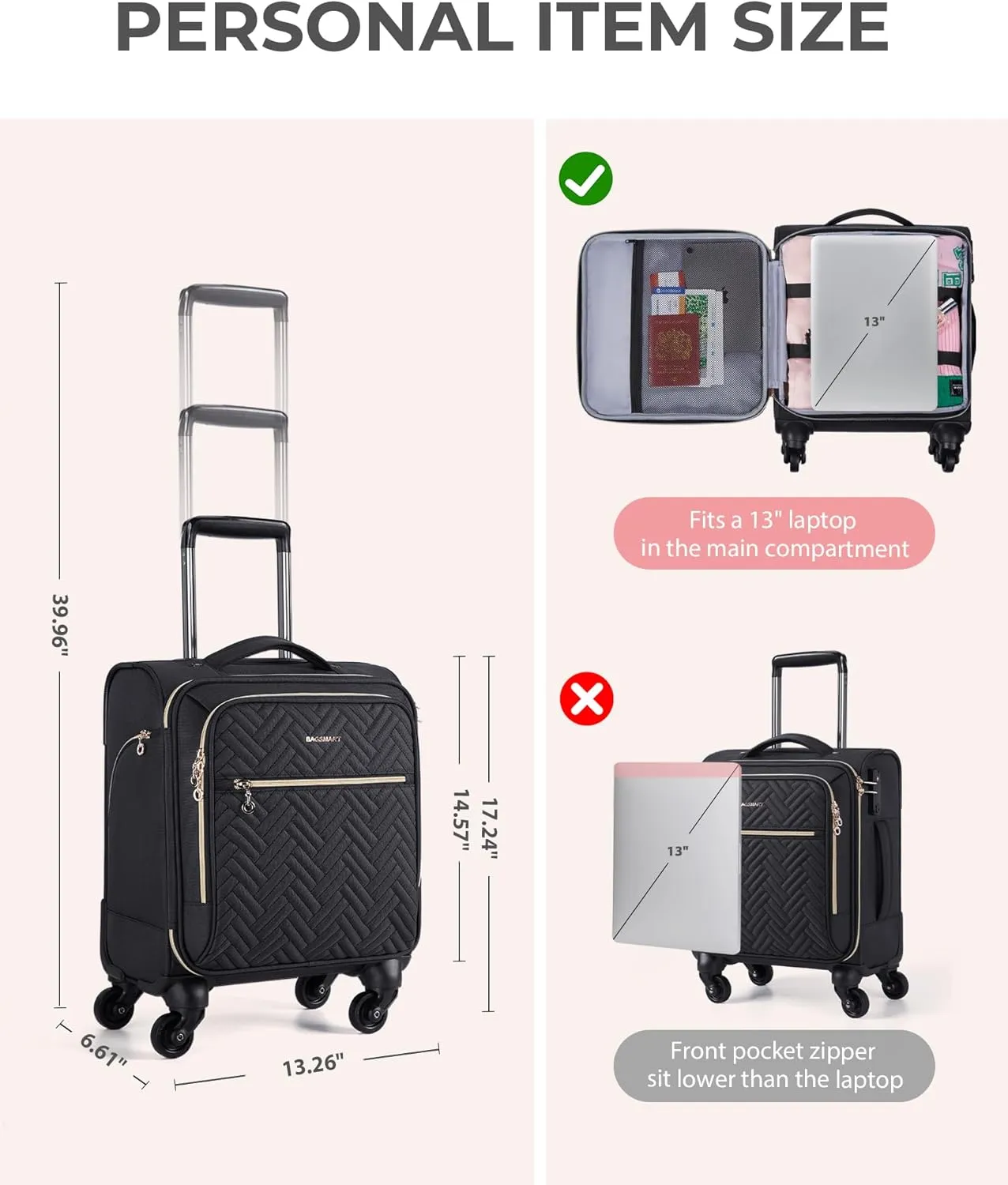 BAGSMART Underseat Carry On luggage Airline approved, 16-inch Softside Underseater Travel Suitcase with Spinner Wheels Lightweight Overnight Bag Small Rolling Carry-on for Women Men Weekender,Grey