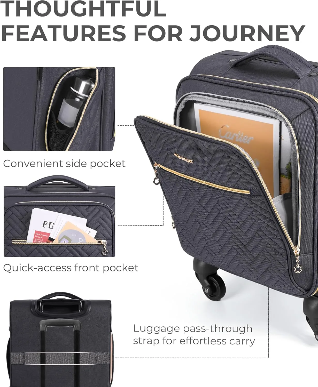 BAGSMART Underseat Carry On luggage Airline approved, 16-inch Softside Underseater Travel Suitcase with Spinner Wheels Lightweight Overnight Bag Small Rolling Carry-on for Women Men Weekender,Grey