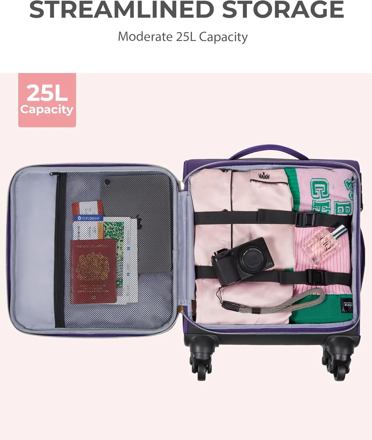 BAGSMART Underseat Carry On luggage Airline approved, 16-inch Softside Underseater Travel Suitcase with Spinner Wheels Lightweight Overnight Bag Small Rolling Carry-on for Women Men Weekender,Purple