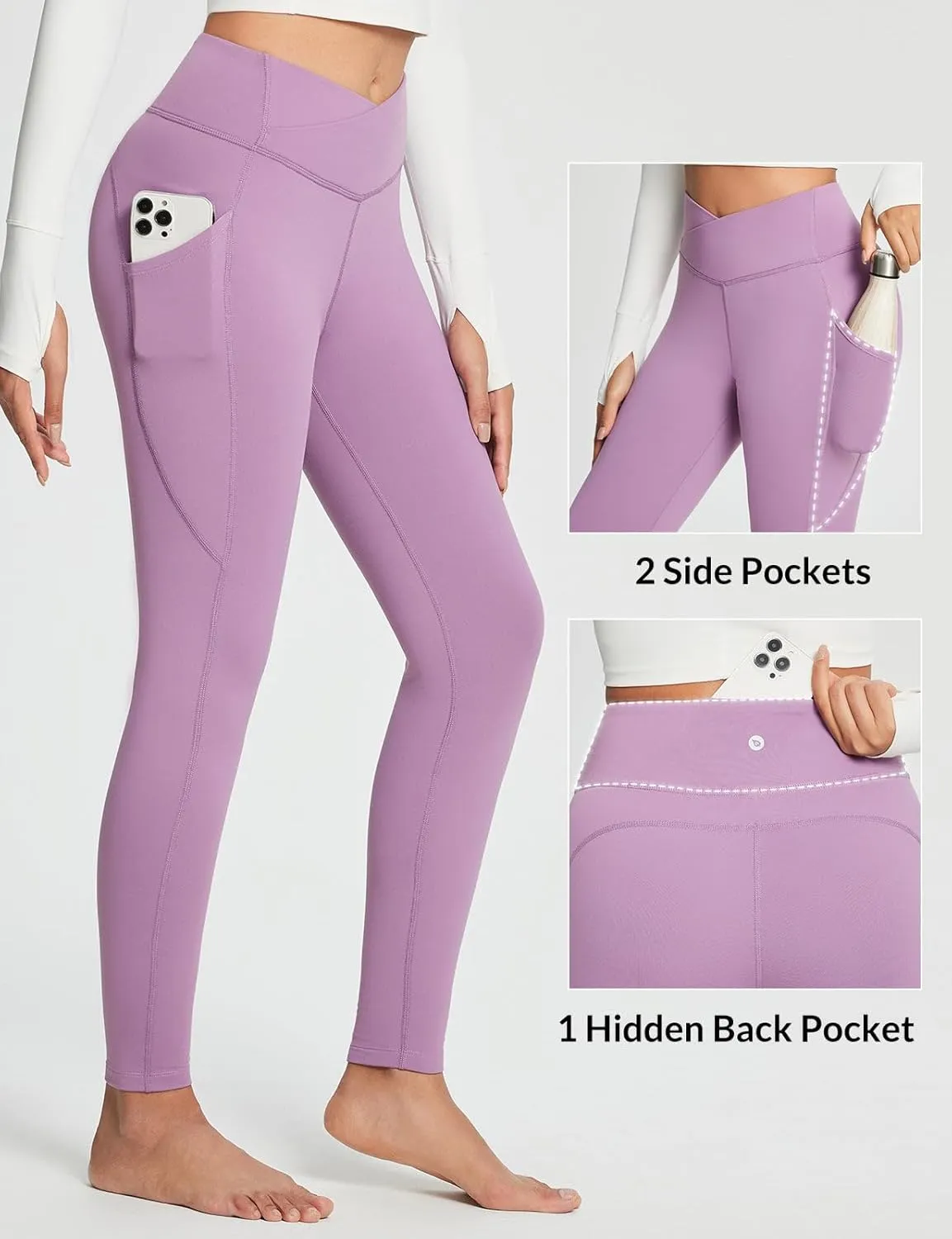 baleaf Women's Crossover Fleece Lined Leggings with Pockets Thermal Warm Winter Tights Crossover High Waisted Yoga Pants