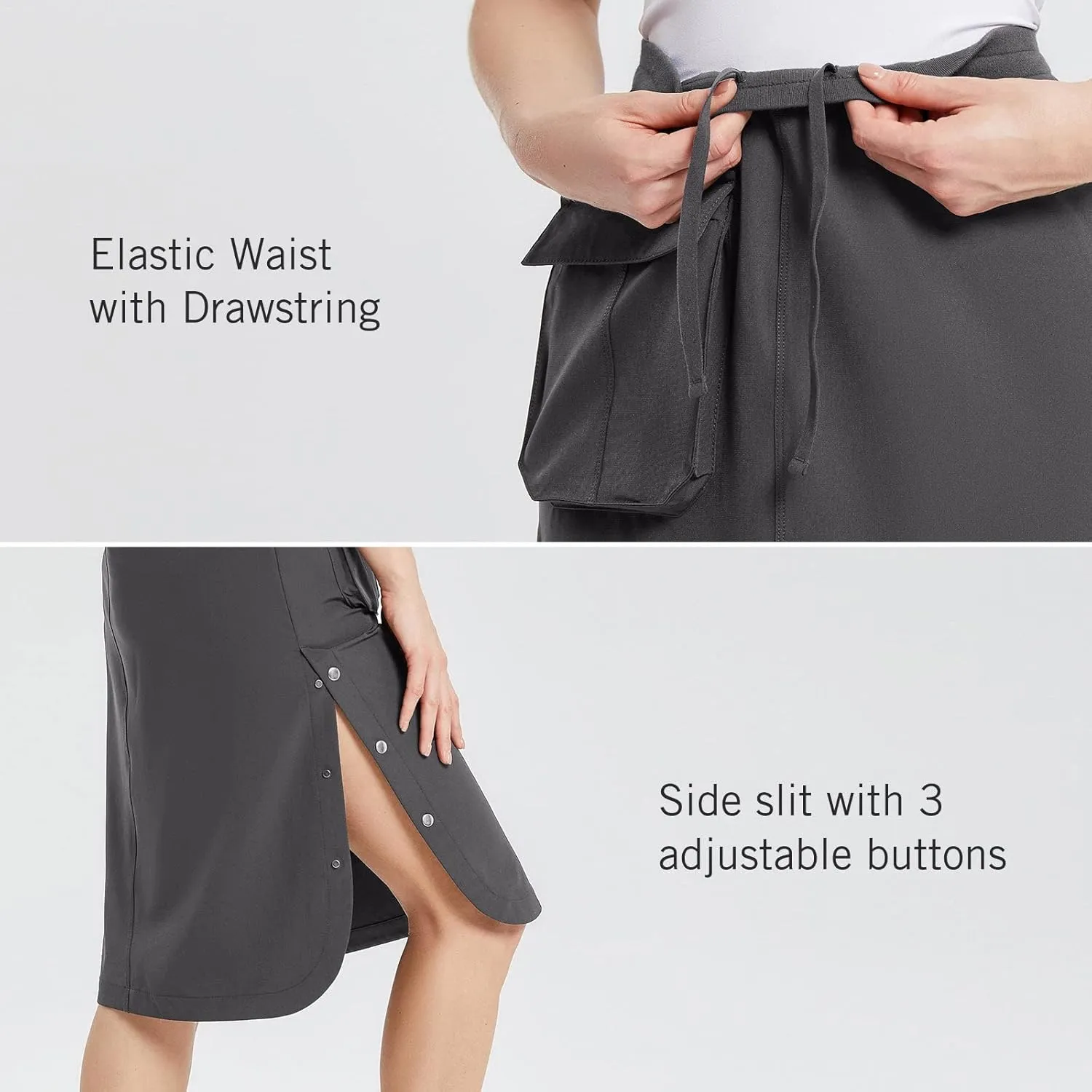 baleaf Women's Long Casual Skirt Pocket with Slit 26.5" Midi Calf Length Elastic Waist Stretch for Travel