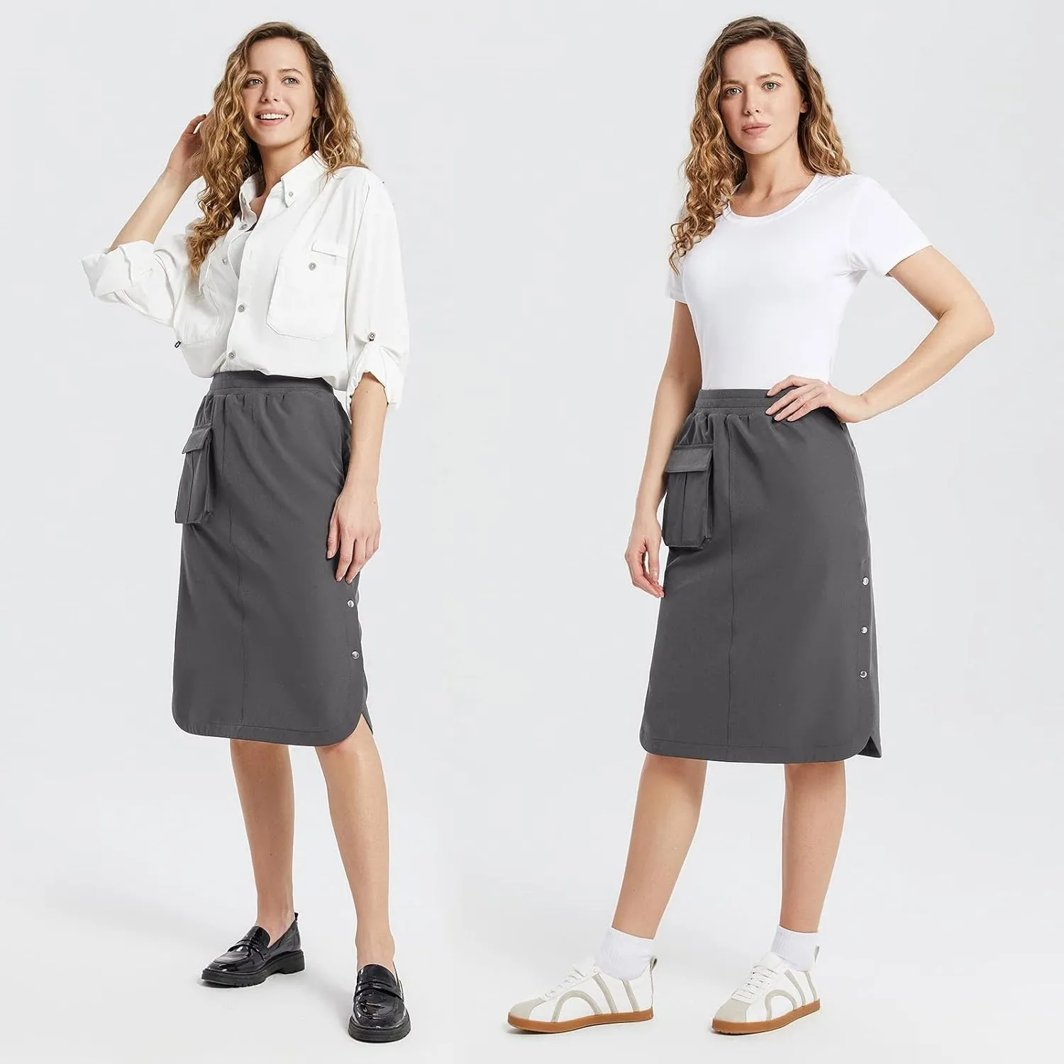 baleaf Women's Long Casual Skirt Pocket with Slit 26.5" Midi Calf Length Elastic Waist Stretch for Travel