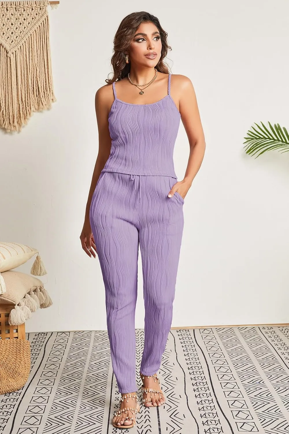 Batehif Womens Lounge Set 3 Piece Pajama Sets Crop Tank Legging Pants with Long Cardigan Loungewear Outfits