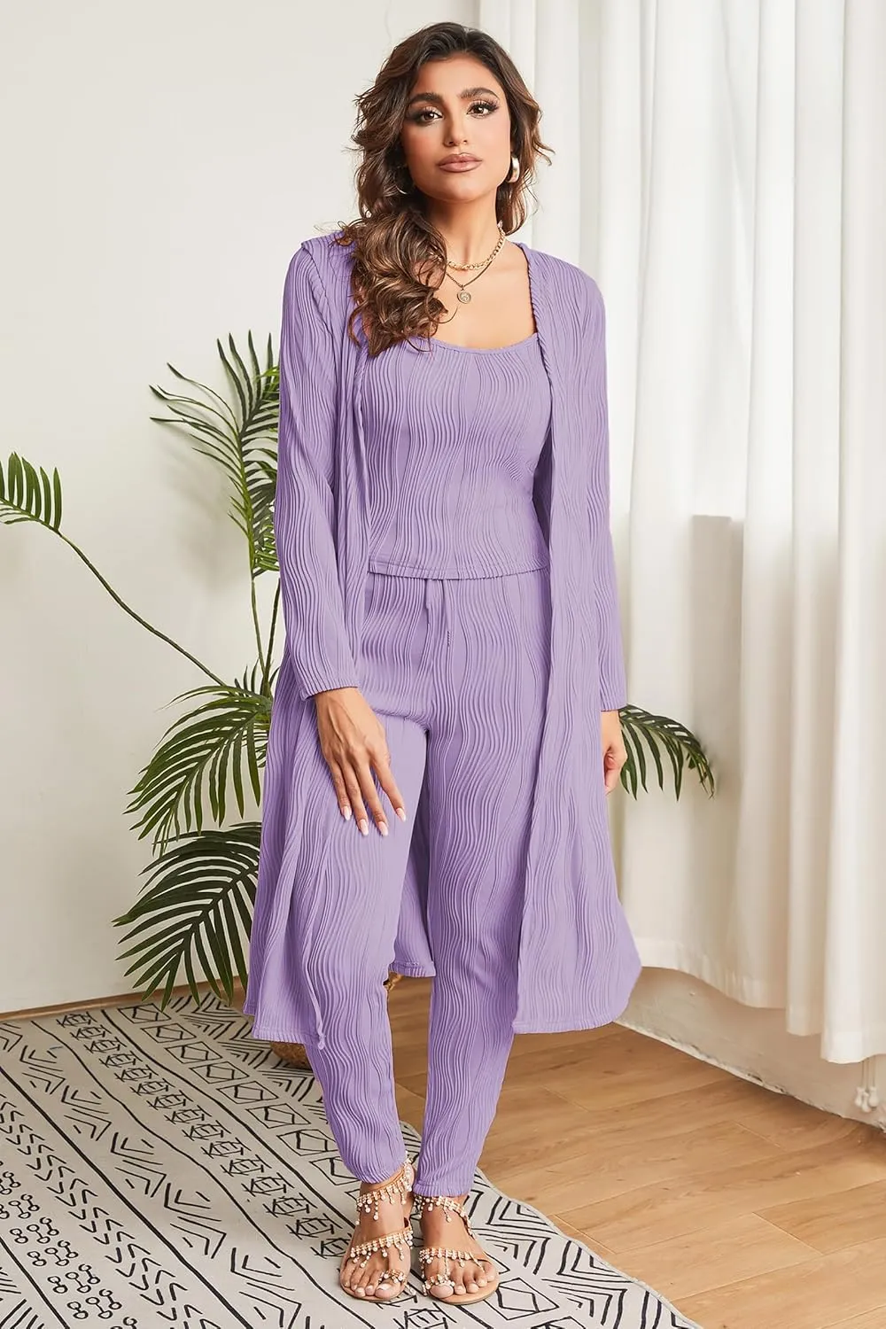 Batehif Womens Lounge Set 3 Piece Pajama Sets Crop Tank Legging Pants with Long Cardigan Loungewear Outfits
