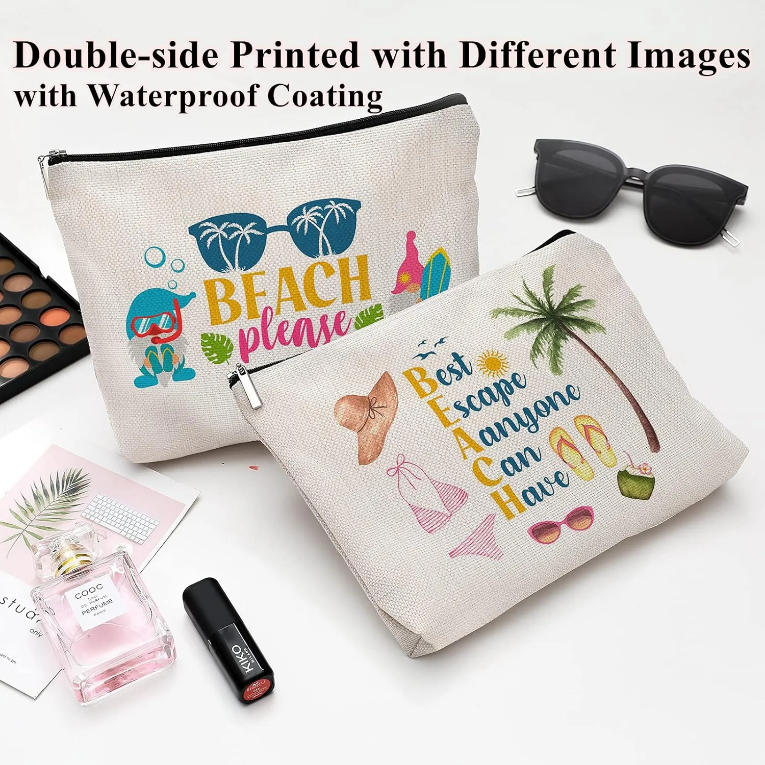 Beach Makeup Bag for Women, Funny Travel Cosmetic Pouch, Beach Please Zipper Bag, Summer Vacation Gift, Tropical Aesthetic Bag for Girls, Best Escape Anyone Can Have Travel Organizer