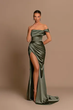 Beautiful Long Mermaid Off-the-shoulder Satin Prom Dress With Slit