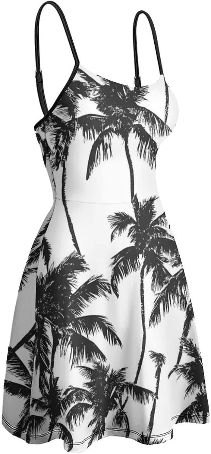 Black And White Palm Trees Mini Dresses for Women Summer Spaghetti Strap Dress Swing Sundress