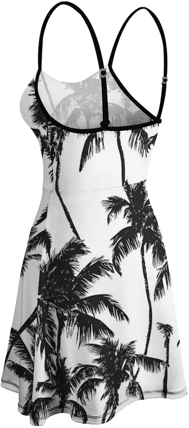 Black And White Palm Trees Mini Dresses for Women Summer Spaghetti Strap Dress Swing Sundress