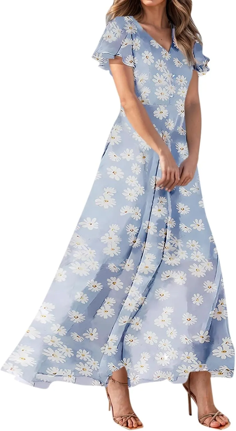 Boho Dresses for Women 2025 Summer Short Sleeve Maxi Dress V Neck Split Casual Beach Long Dresses Vacation Outfits