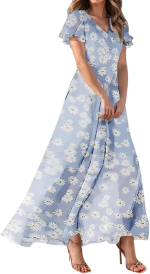 Boho Dresses for Women 2025 Summer Short Sleeve Maxi Dress V Neck Split Casual Beach Long Dresses Vacation Outfits