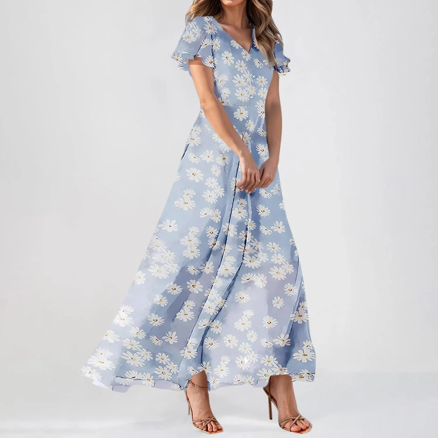 Boho Dresses for Women 2025 Summer Short Sleeve Maxi Dress V Neck Split Casual Beach Long Dresses Vacation Outfits