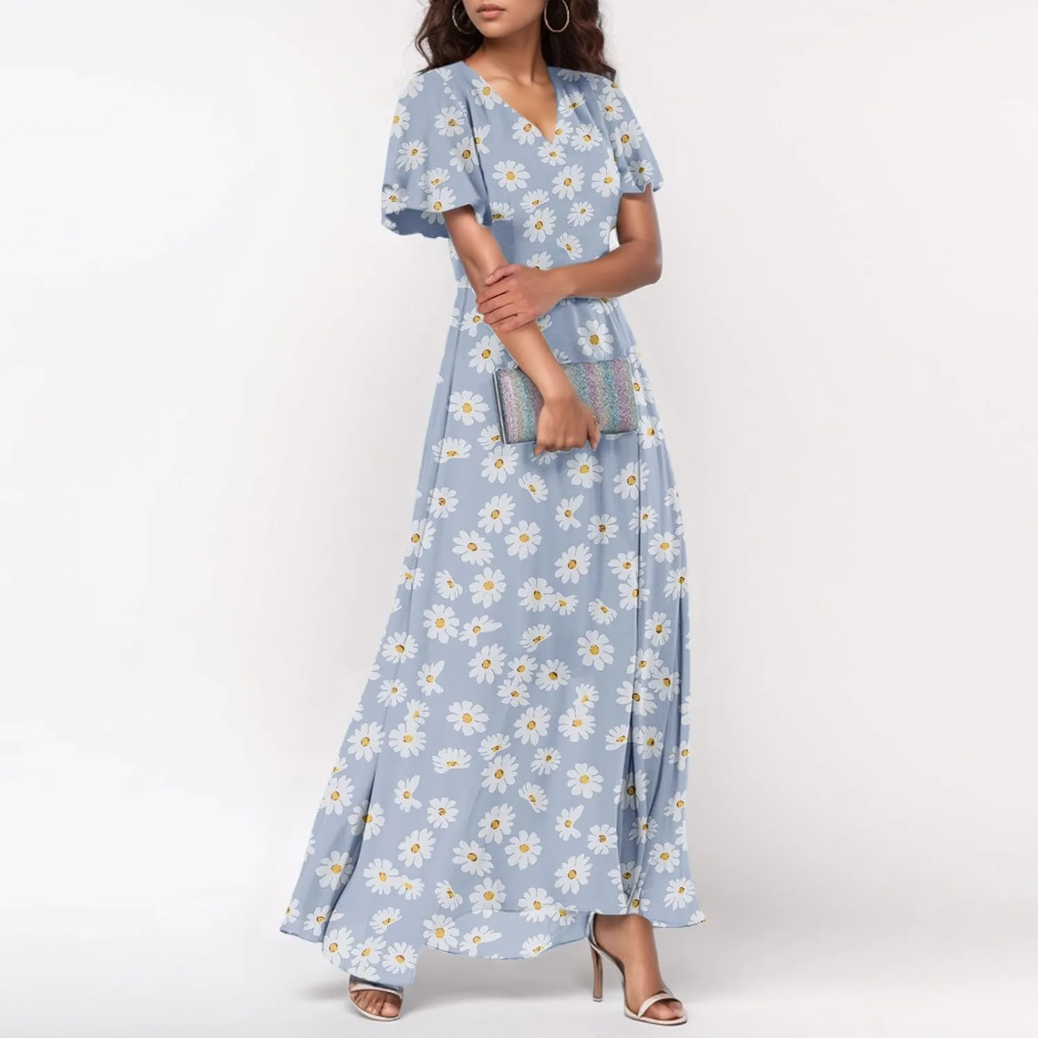 Boho Dresses for Women 2025 Summer Short Sleeve Maxi Dress V Neck Split Casual Beach Long Dresses Vacation Outfits
