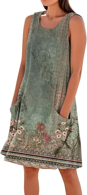 Boho Summer Dresses for Women 2025 Plus Size Casual Loose Sleeveless Sundresses Tank Dresses with Pockets