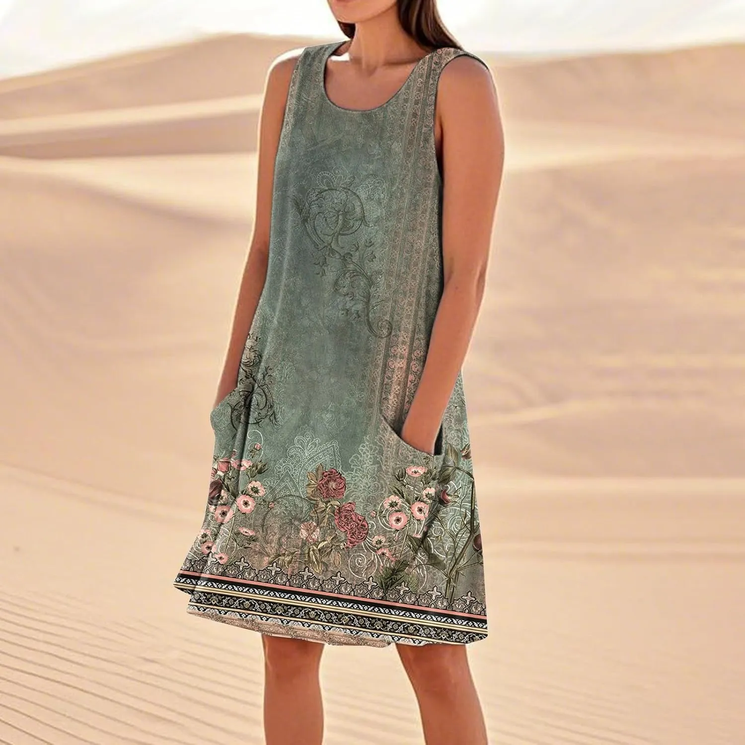 Boho Summer Dresses for Women 2025 Plus Size Casual Loose Sleeveless Sundresses Tank Dresses with Pockets