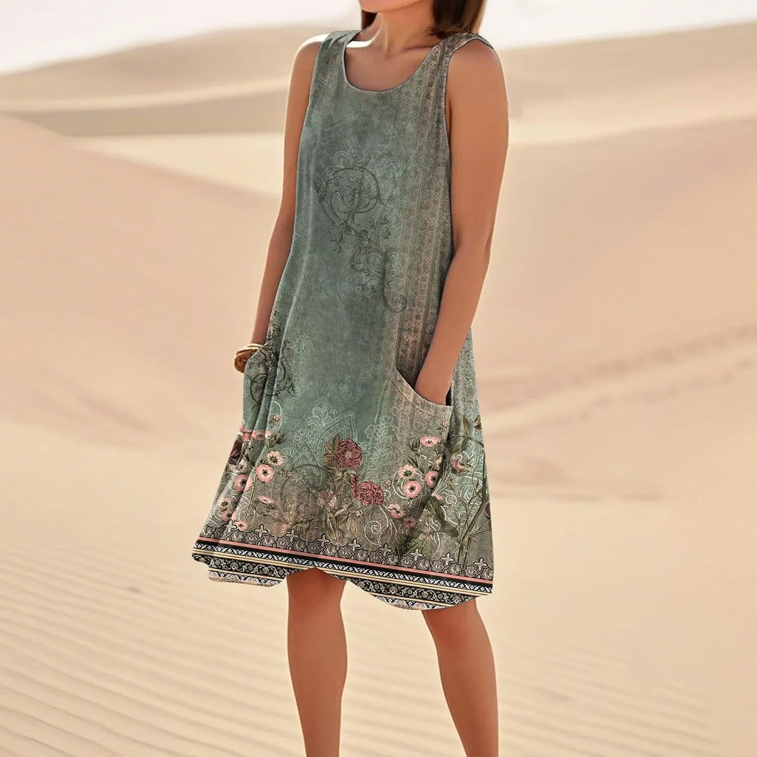 Boho Summer Dresses for Women 2025 Plus Size Casual Loose Sleeveless Sundresses Tank Dresses with Pockets