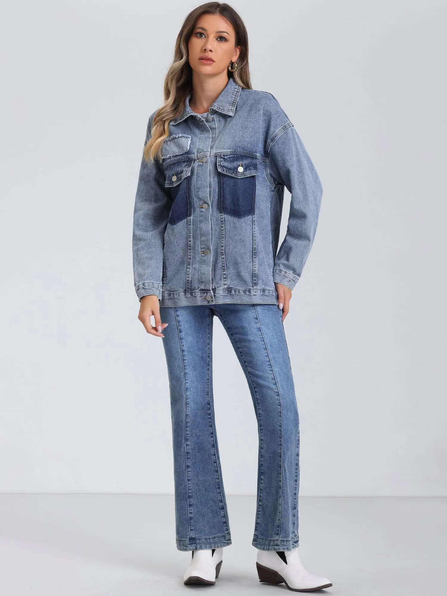 Button Up Long Sleeve Bead Decor Trendy Denim Trucker Jean Jacket