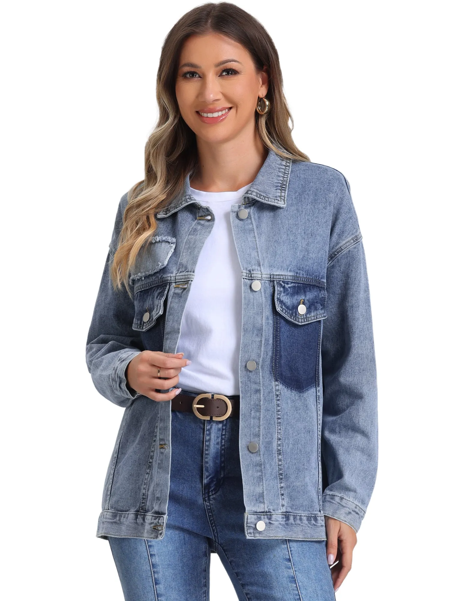Button Up Long Sleeve Bead Decor Trendy Denim Trucker Jean Jacket