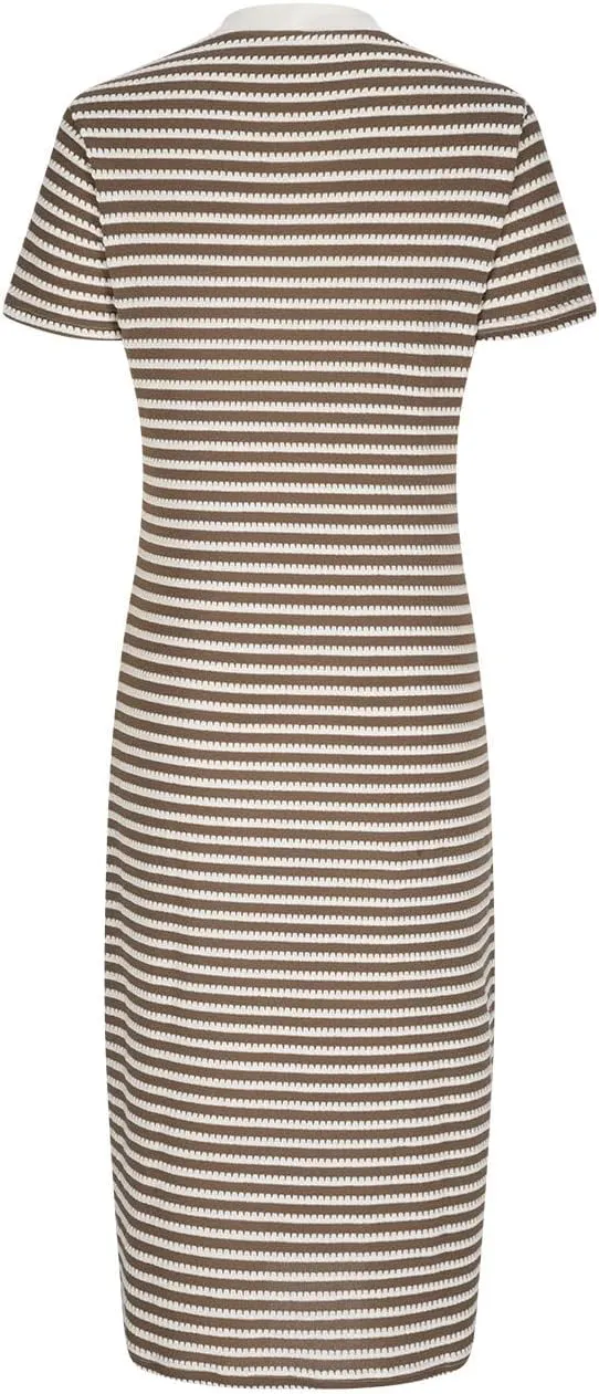 Casual Dresses for Women Striped Short Sleeve Midi Dress Button Ribbed Knit Work Summer Vacation Boho Party Dress 2025