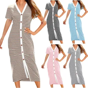 Casual Dresses for Women Striped Short Sleeve Midi Dress Button Ribbed Knit Work Summer Vacation Boho Party Dress 2025
