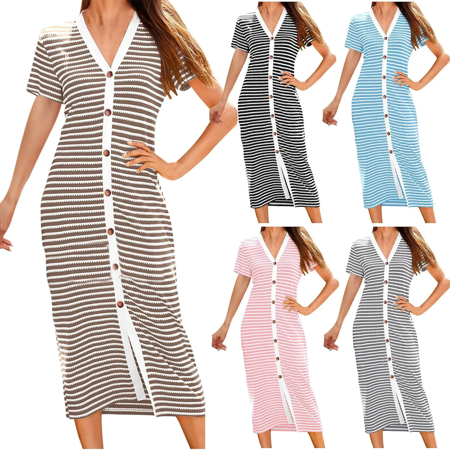 Casual Dresses for Women Striped Short Sleeve Midi Dress Button Ribbed Knit Work Summer Vacation Boho Party Dress 2025