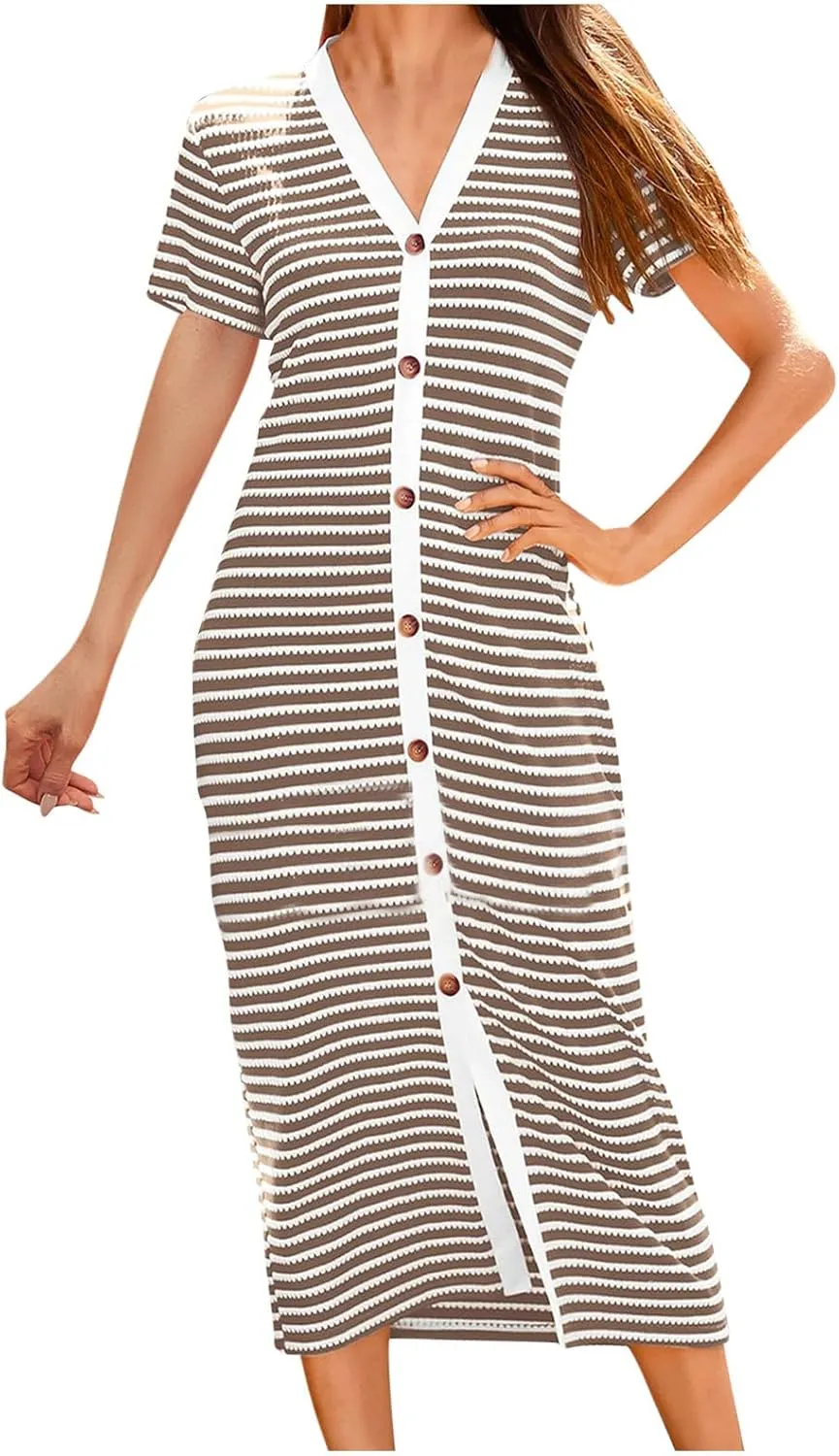 Casual Dresses for Women Striped Short Sleeve Midi Dress Button Ribbed Knit Work Summer Vacation Boho Party Dress 2025