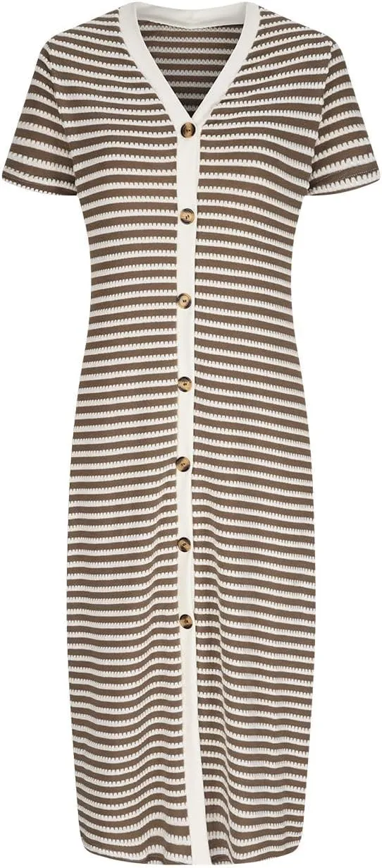 Casual Dresses for Women Striped Short Sleeve Midi Dress Button Ribbed Knit Work Summer Vacation Boho Party Dress 2025