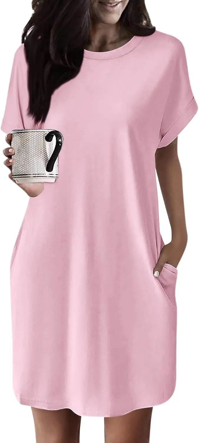 Casual Mini Dresses for Women Summer Crewneck Short Sleeve Dress Loose Fit Solid Color Beach Sundress with Pockets