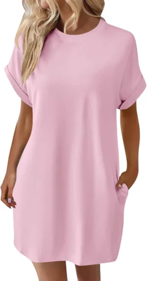 Casual Mini Dresses for Women Summer Crewneck Short Sleeve Dress Loose Fit Solid Color Beach Sundress with Pockets