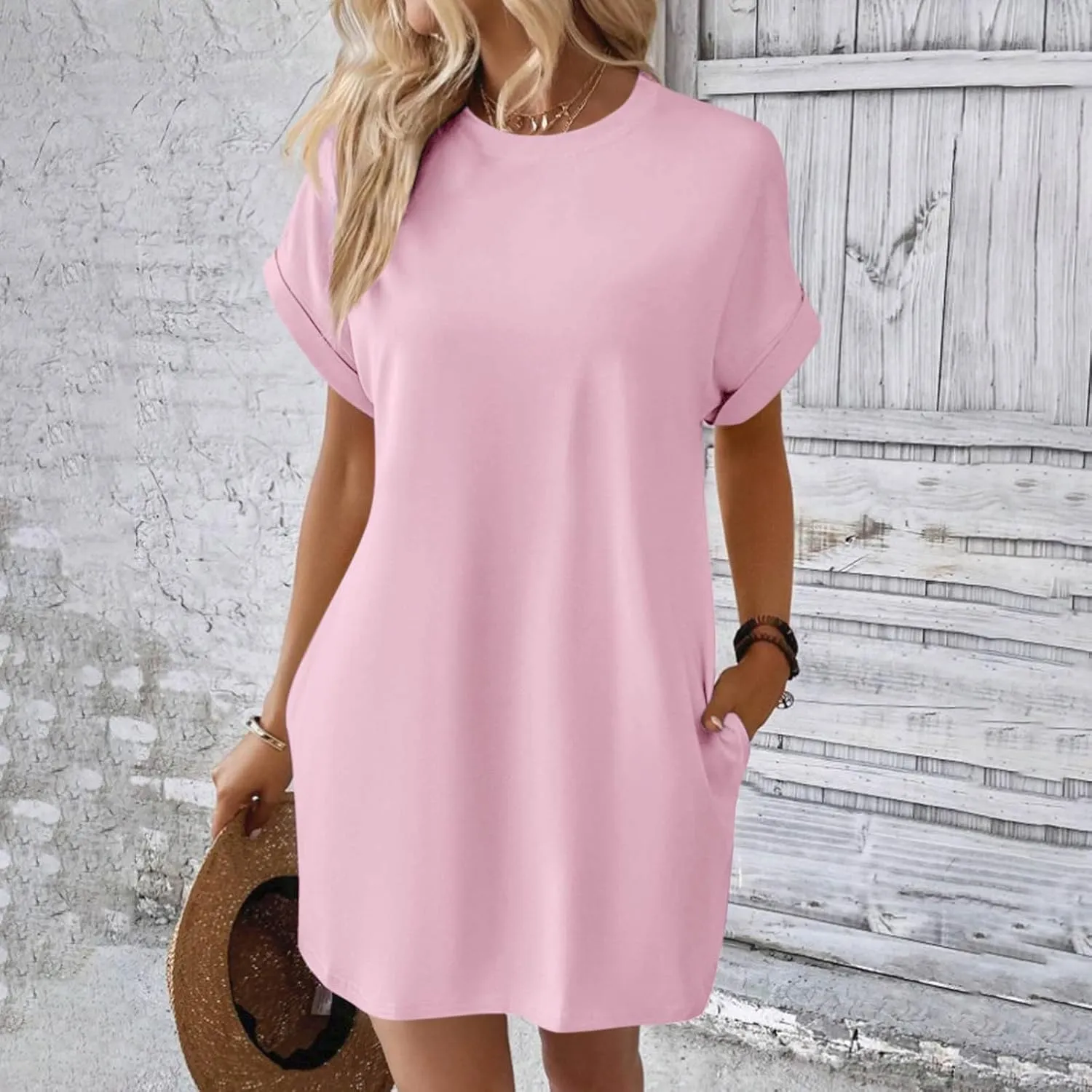 Casual Mini Dresses for Women Summer Crewneck Short Sleeve Dress Loose Fit Solid Color Beach Sundress with Pockets