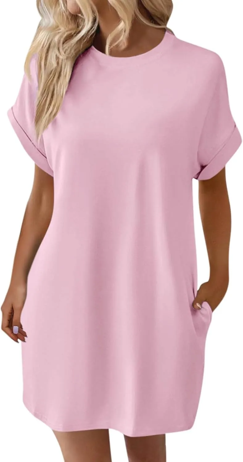 Casual Mini Dresses for Women Summer Crewneck Short Sleeve Dress Loose Fit Solid Color Beach Sundress with Pockets